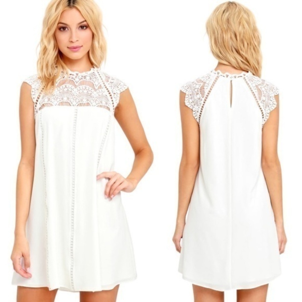 Lulu’s Hey Doll Lace Neckline Sleeveless Shift Mini Dress in Ivory